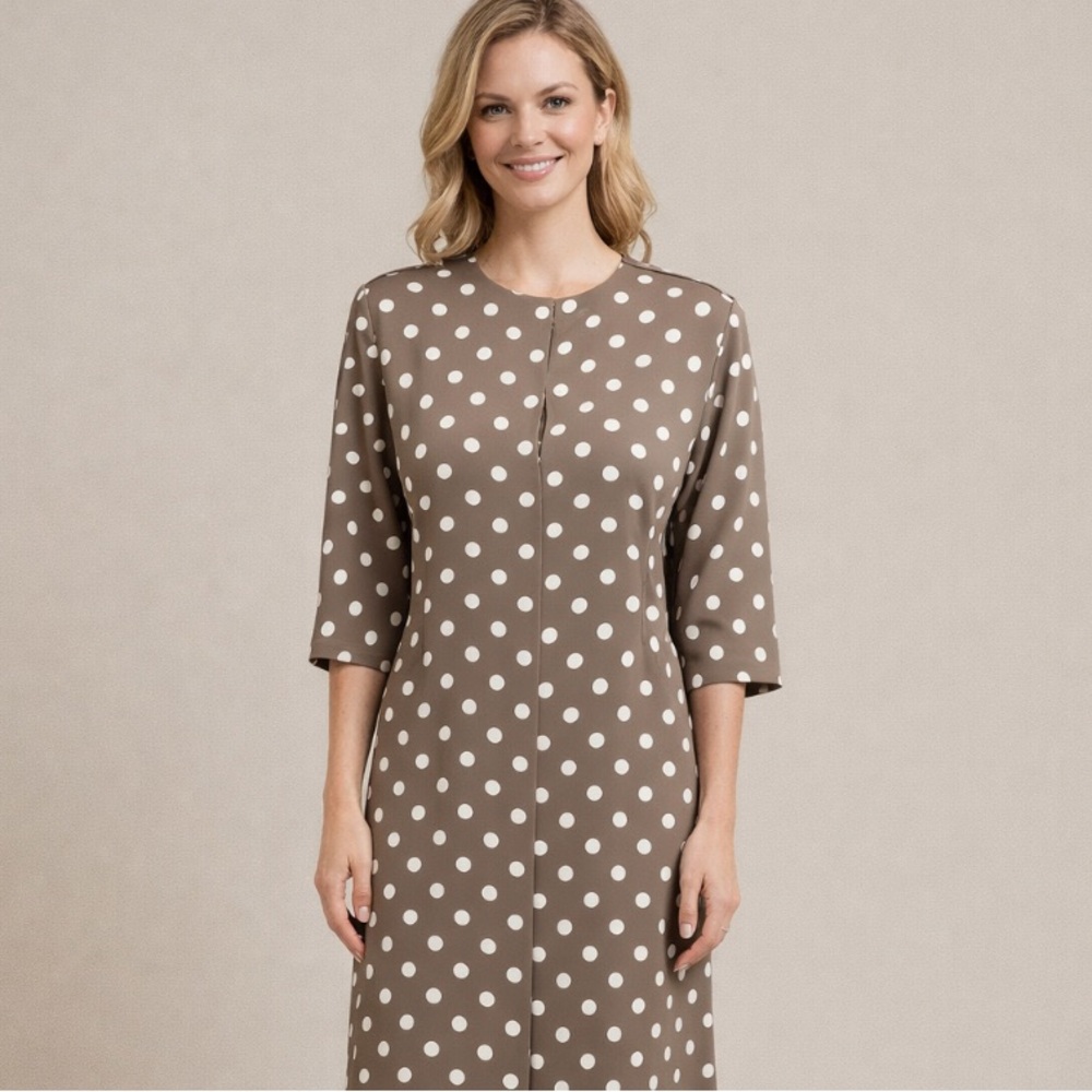 MS CHAUS Vintage 90s Tan & White Polka Dot Short Sleeve Sheath Dress NWOT